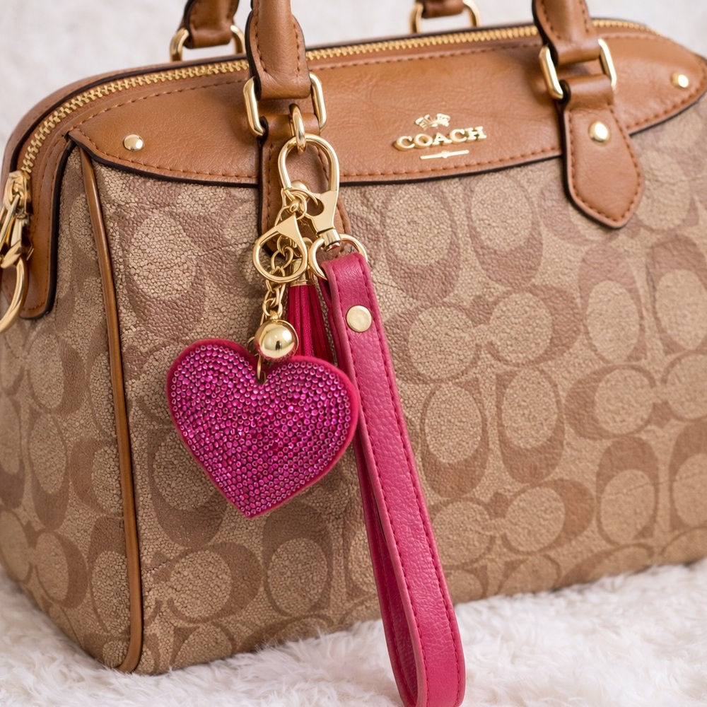 Hot Pink Glitter Heart Key Chain/Bag Charm with Gold Details